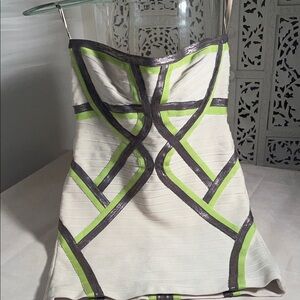 Herve Leger off white , Green and silver band , Bandage Dress